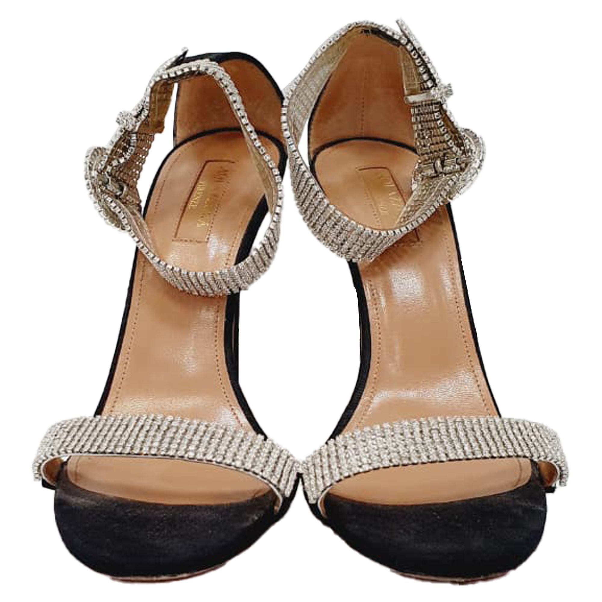 Aquazzura Preloved Crystal-Embellished Sandal Heels in Black Suede