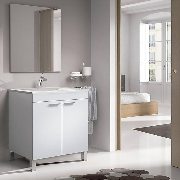 Meuble salle de bain Sous-vasque 60 cm avec 2 portes   Miroir coloris blanc brillant - H80 x Longueur 60 x Profondeur 45 cm