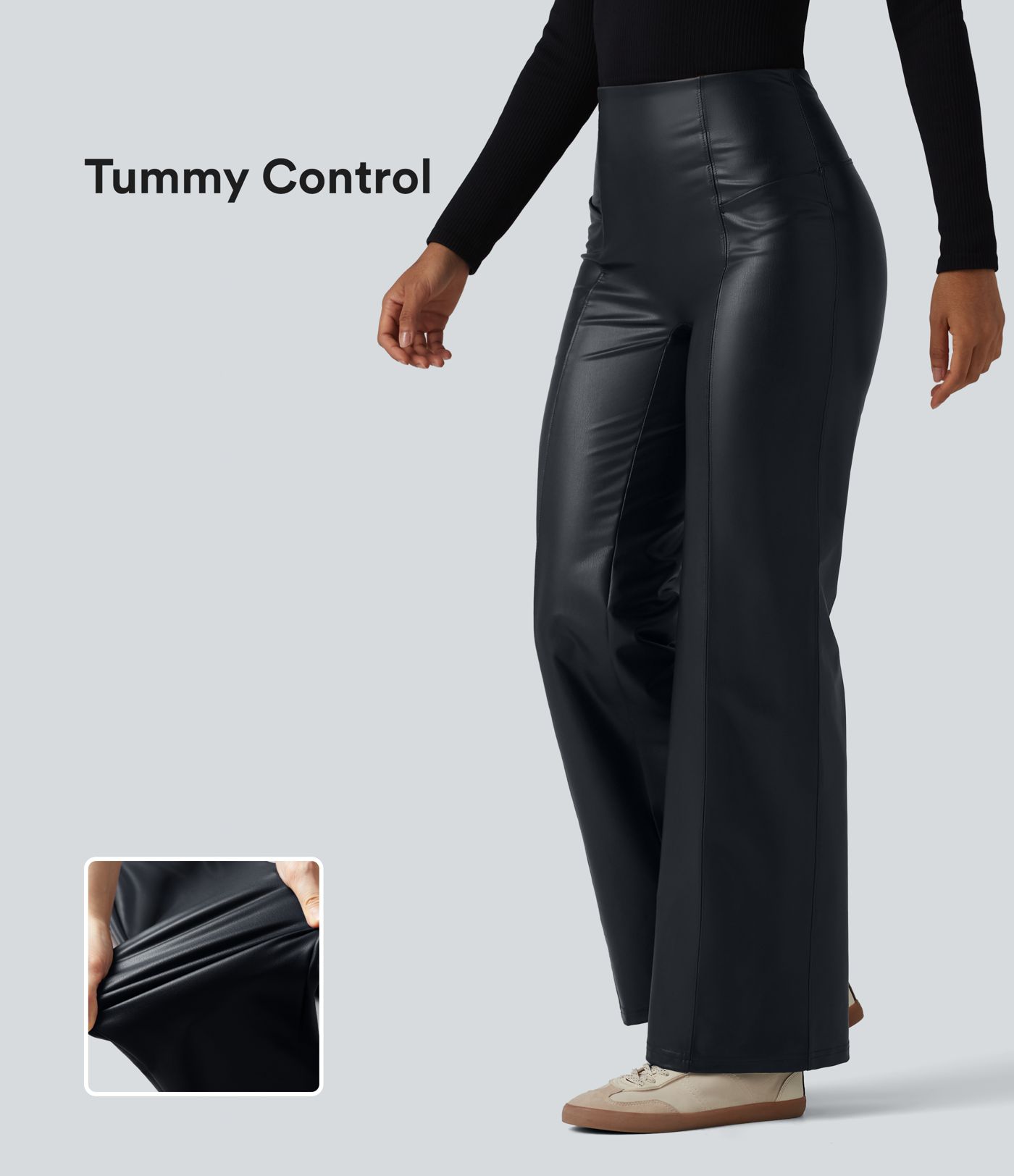 Pantalon casual évasé gainant taille haute en simili cuir extensible avec poches