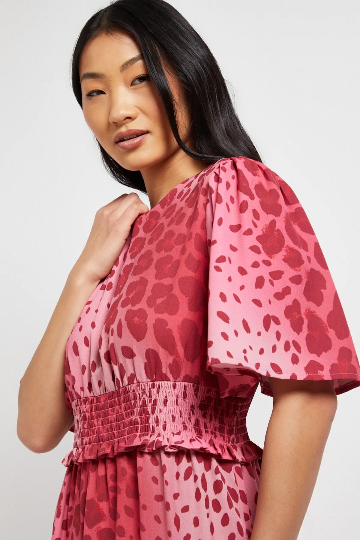 Dorothy Perkins Petite Pink Animal Shirred Waist Angel Sleeve Tiered Maxi Dress