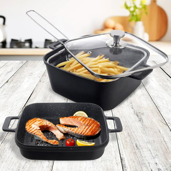 Garnek granitowy z pokrywką patelnią grillową koszyczkiem GRANDE 2 4