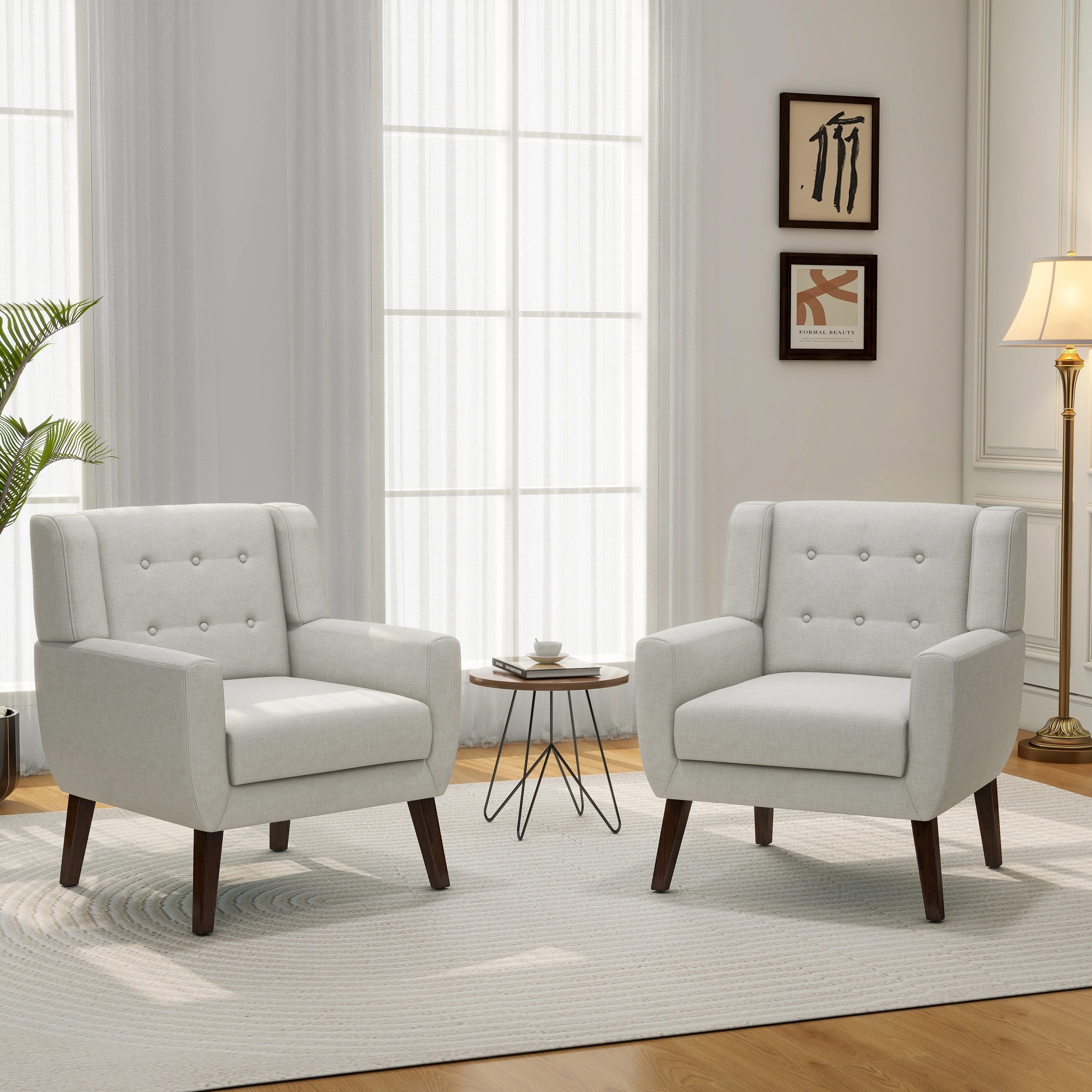 Set of 2 Modern Accent Chair Cotton Linen Upholstered Armchair for Living Room