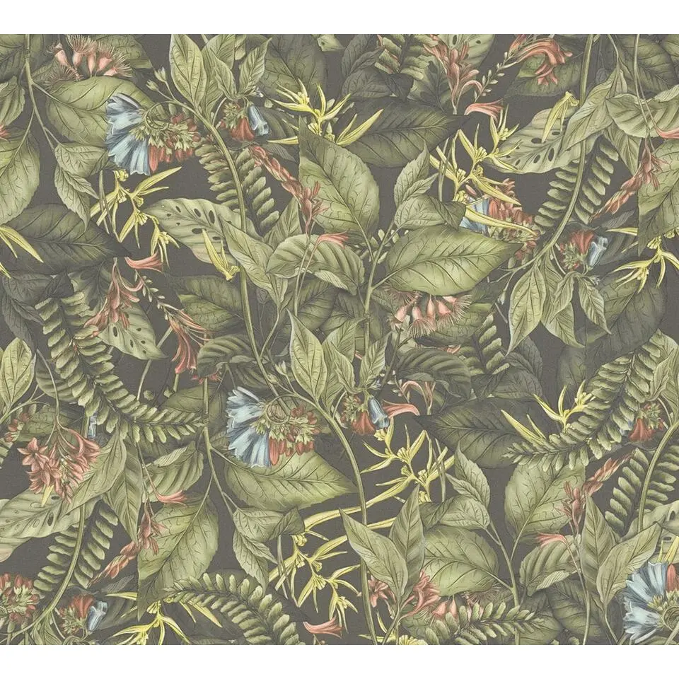 Livingwalls behang tropische bladeren groen, donkergroen, rood en geel
