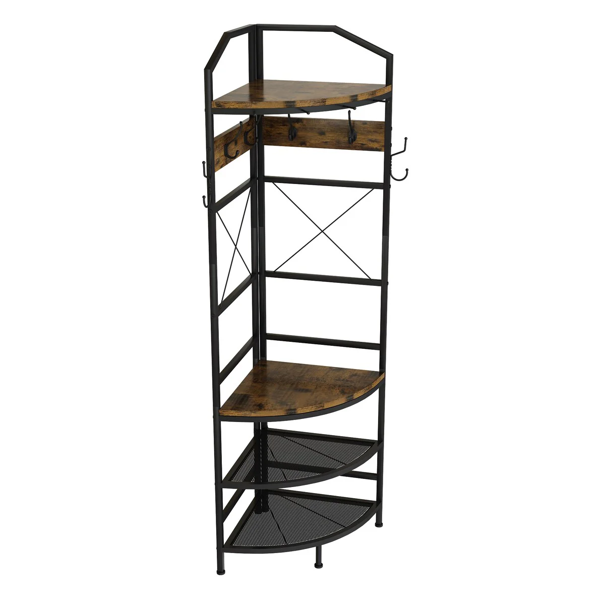 Fan-Shaped 4-In-1 Coat Rack Hall Tree Combining Coat Hooks and Shoe Changing Stool Design with Top Shelf Layer & 2 Shoe Rack