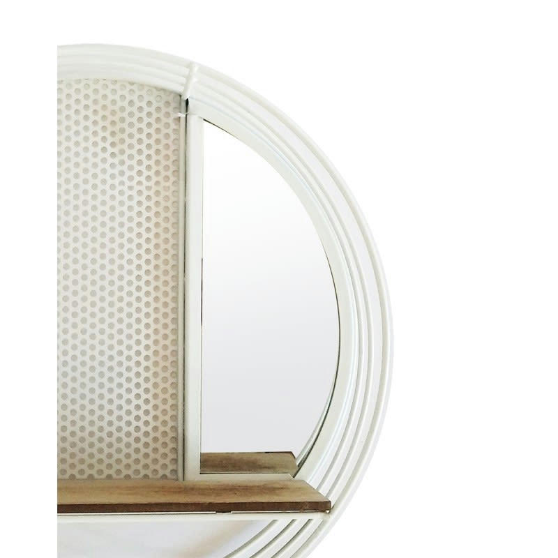LUNE - Etagère murale ronde en métal blanc avec miroir et tablette