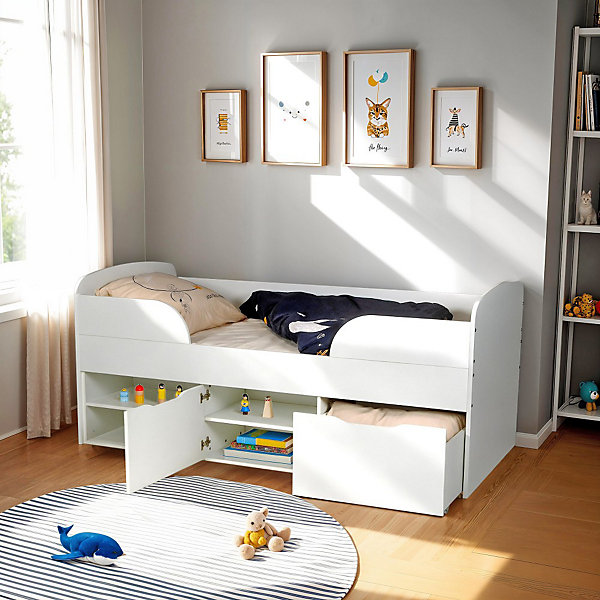 Lit mi-hauteur 90x190 cm ELIO avec sommier et rangements / Blanc