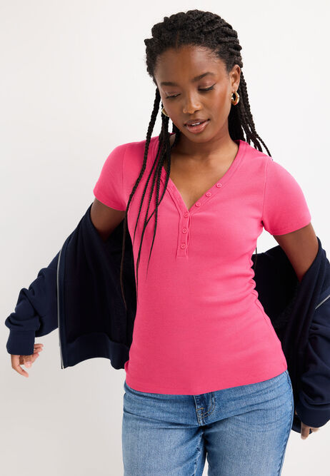Womens Hot Pink V-Neck Placket Short Sleeve Top