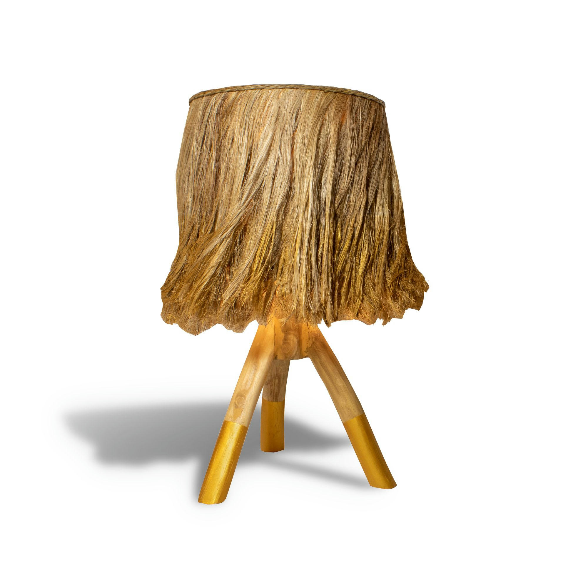 BILBA - Lampe de table en bois et feuilles d'abaca naturel et doré h60cm