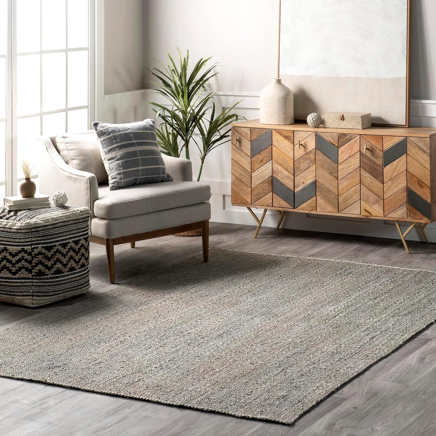 nuLOOM 8x10 Rigo Jute Hand Woven Area Rug, Grey, Solid Farmhouse Design, Natural Fiber, For Bedroom, Living Room, Dining Room, Hallway, Office, Kitchen, Entryway