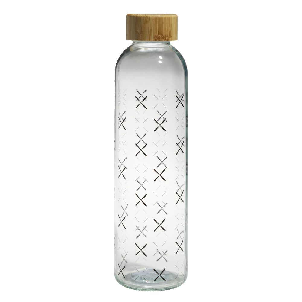 Bouteille verre transparent à motif noir avec bouchon en bambou 730ml