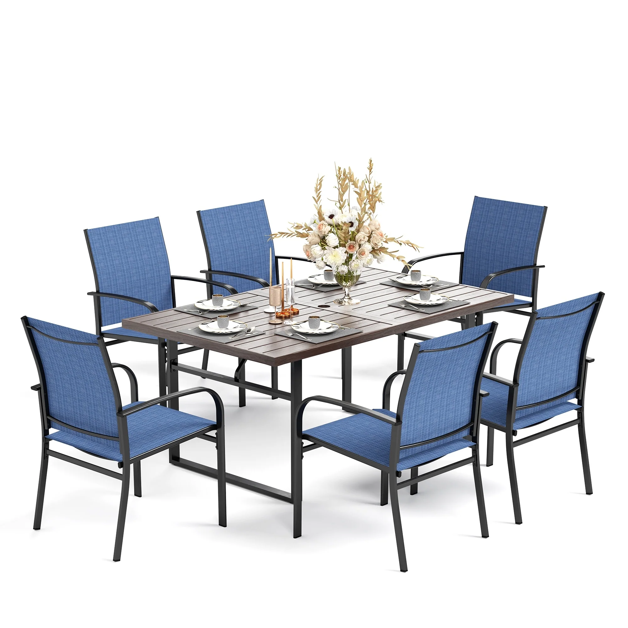 MAISON ARTS 7-Piece Outdoor Dining Set with 6 Textilene Chairs and U-Shaped Leg Table