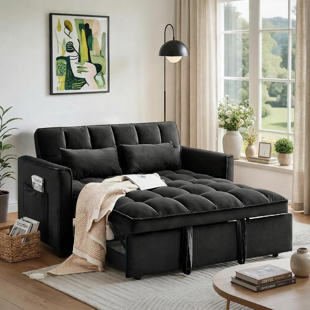 Convertible Sofa Bed, Pull Out Couch with Side Pockets, 3 in 1 Velvet Fabric Loveseat Sleeper Sofa Bed, Pull Out Couch with Adjustable Backrest for Living Room, Bedroom, Apartment, Black