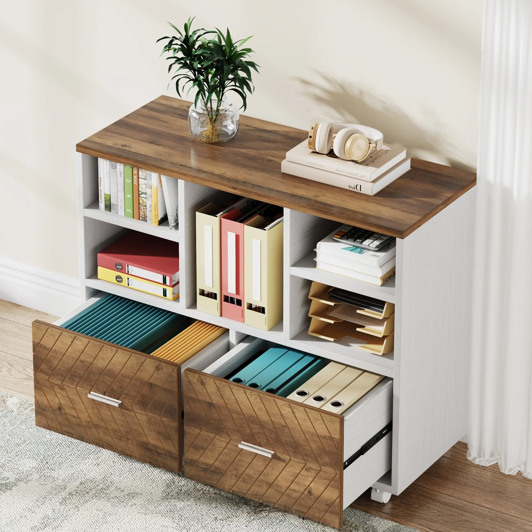 2-Drawer Wood File Cabinet with Open Shelves, Mobile Lateral Filing Cabinet for Hanging Letter Size Files