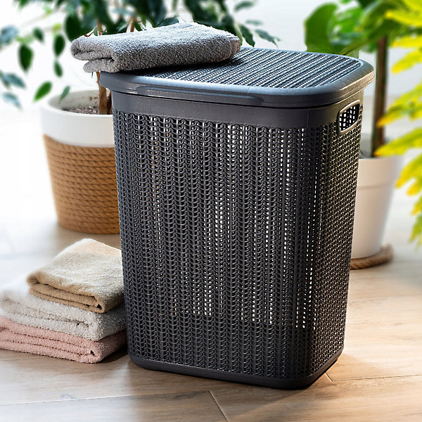KADAX Panier à Linge 50L Grand Récipient En Plastique Avec Couvercle Gris Foncé