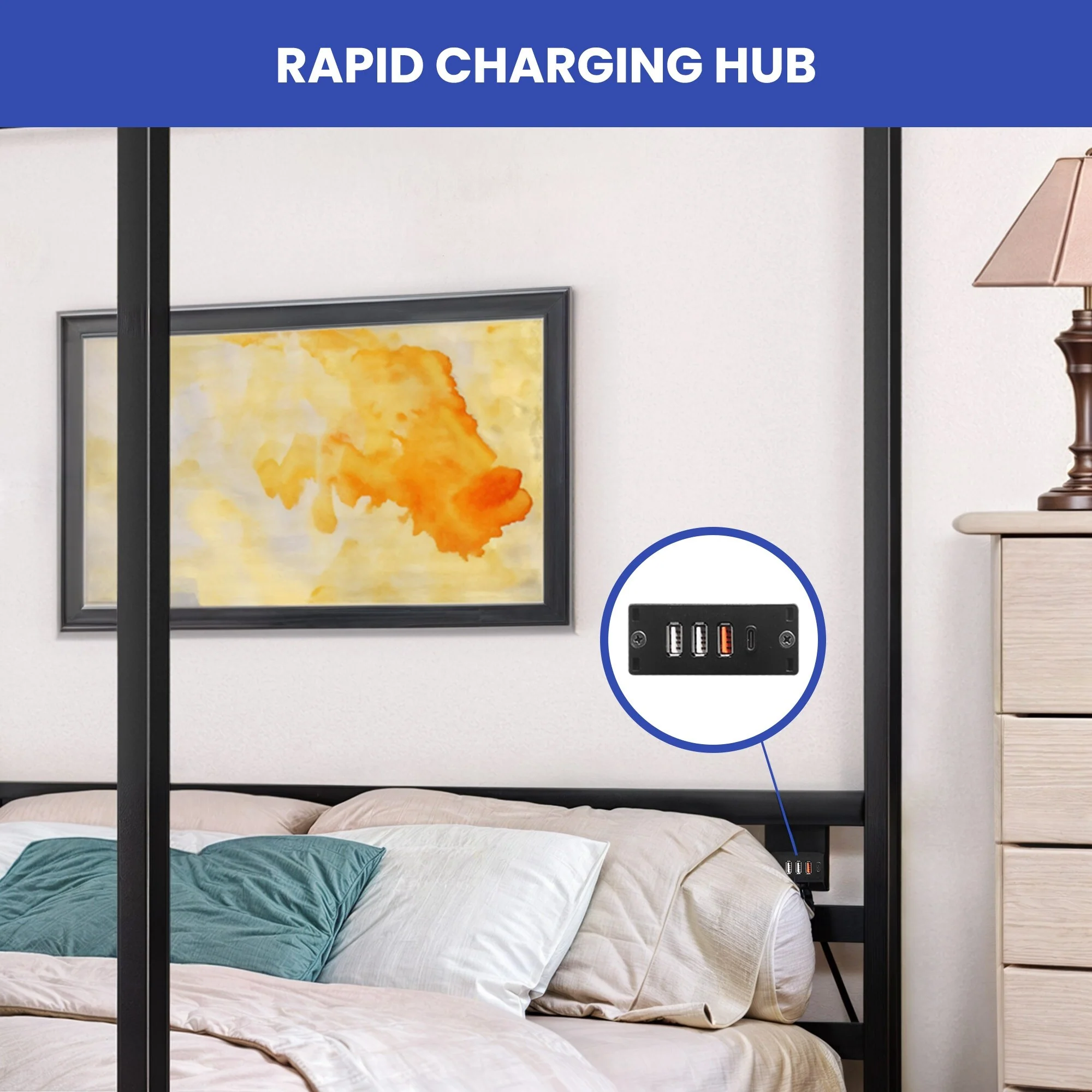 Moasis Metal Canopy Platform Bed Frame with 3 USB interfaces and 1TPC interface