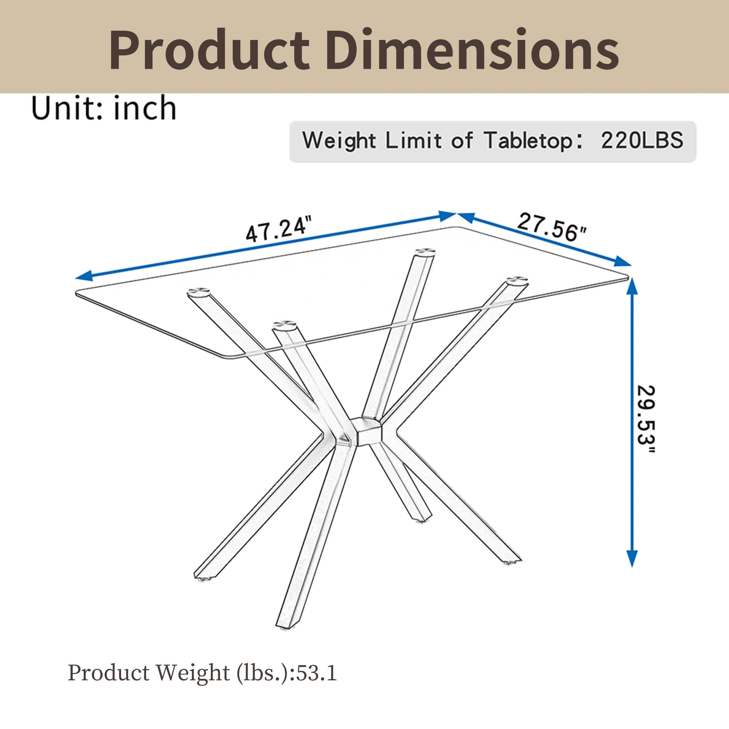 47 Modern Tempered Glass Dining Table w/ Adjustable Metal Leg, 220LB
