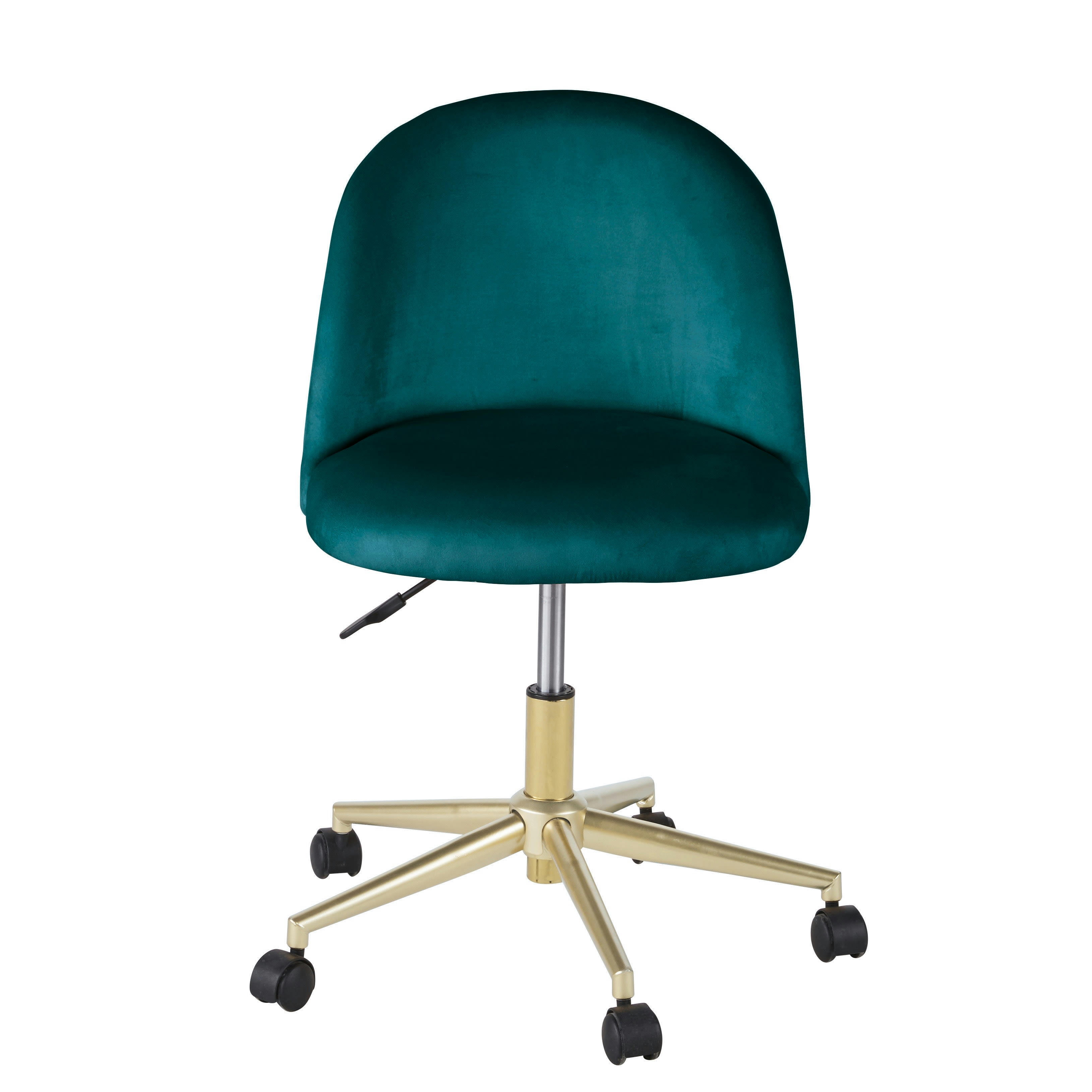 - Chaise de bureau à roulettes en velours bleu pétrole et métal coloris laiton