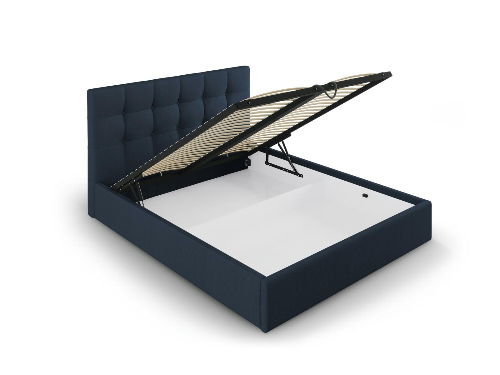 PHAEDRA - Lit coffre avec tête de lit 160x200 cm en tissu structuré bleu foncé