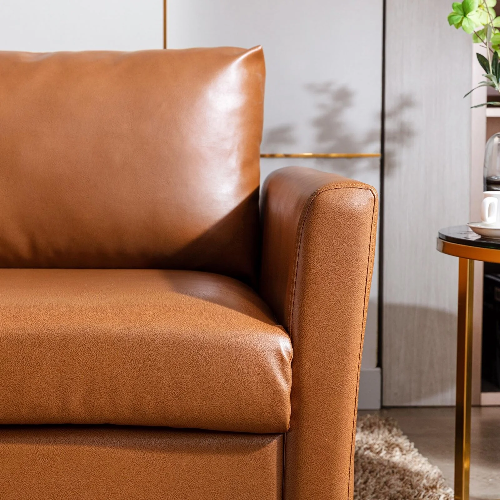 Faux Leather Sofa Couch, Mid-Century Modern Sofa With Solid Wooden Frame & Padded Cushions, 3-Seater Couch