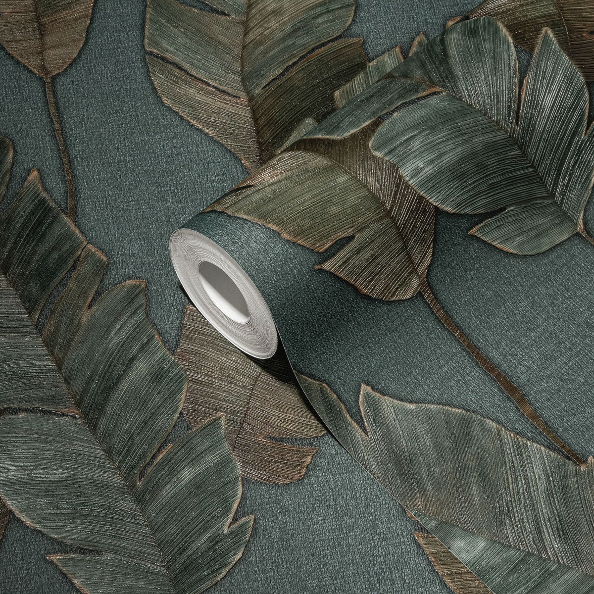 Livingwalls behang bladeren petrolblauw, groen en bruin - 53 cm x 10.05 m - AS-392183