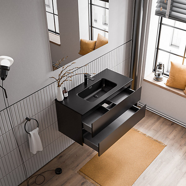Meuble vasque suspendu MDF Noir mat, lavabos Noir mat   trou robinet trop plein &Bonde - 100x46x50cm - AVA