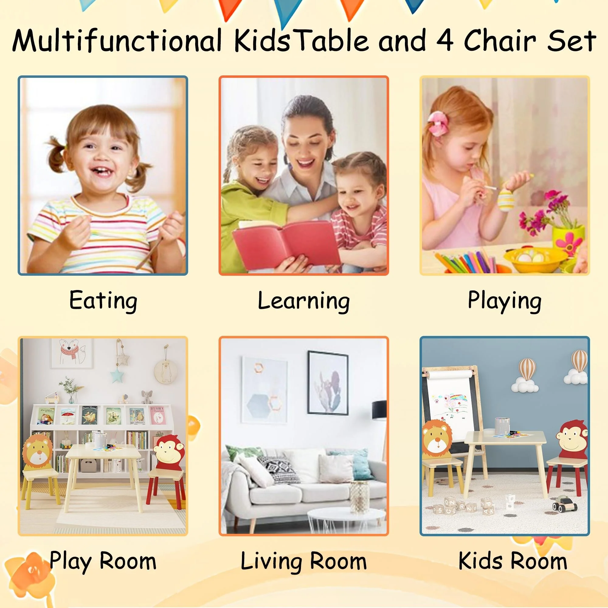 Kids Wooden Table with 2 Chairs, 3-Piece Activity Play Set, Cartoon Lion & Monkey Theme