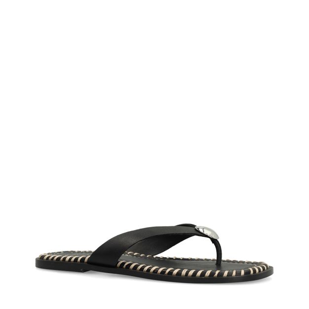 Zwarte leren slippers met zilverkleurig detail