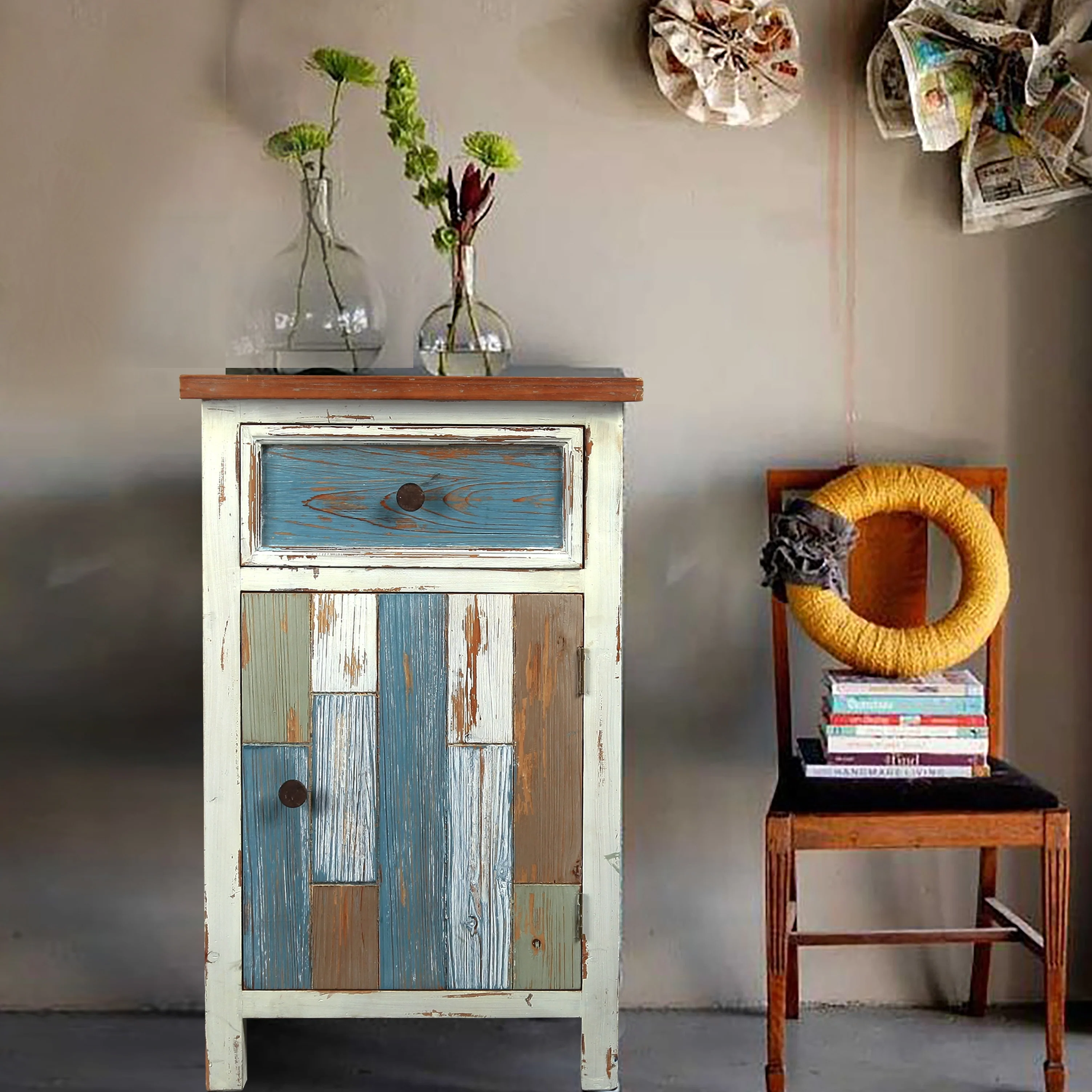 Rustic Multi-Color 1-drawer 1-door End Table Nightstand