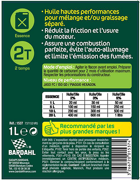 Bidon huile 2 temps Bardahl 1L spéciale motoculture