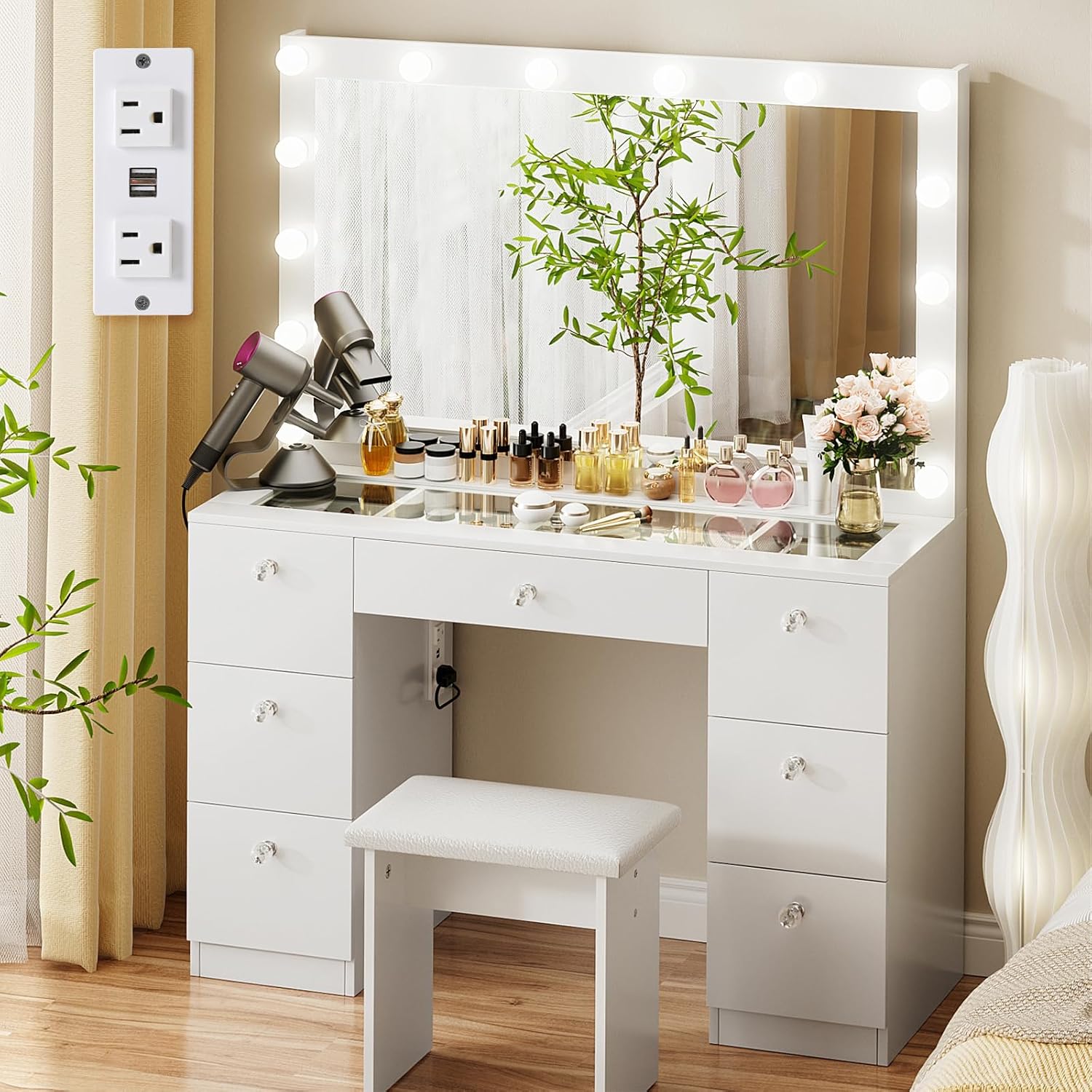 VOWNER Vanity with Lighted Mirror - Makeup Vanity Desk with Glass Top, 7 Drawers and Power Outlet, 3 Color Lighting Modes Adjustable Brightness, 44 Vanity Table with Stool for Women Girls, White