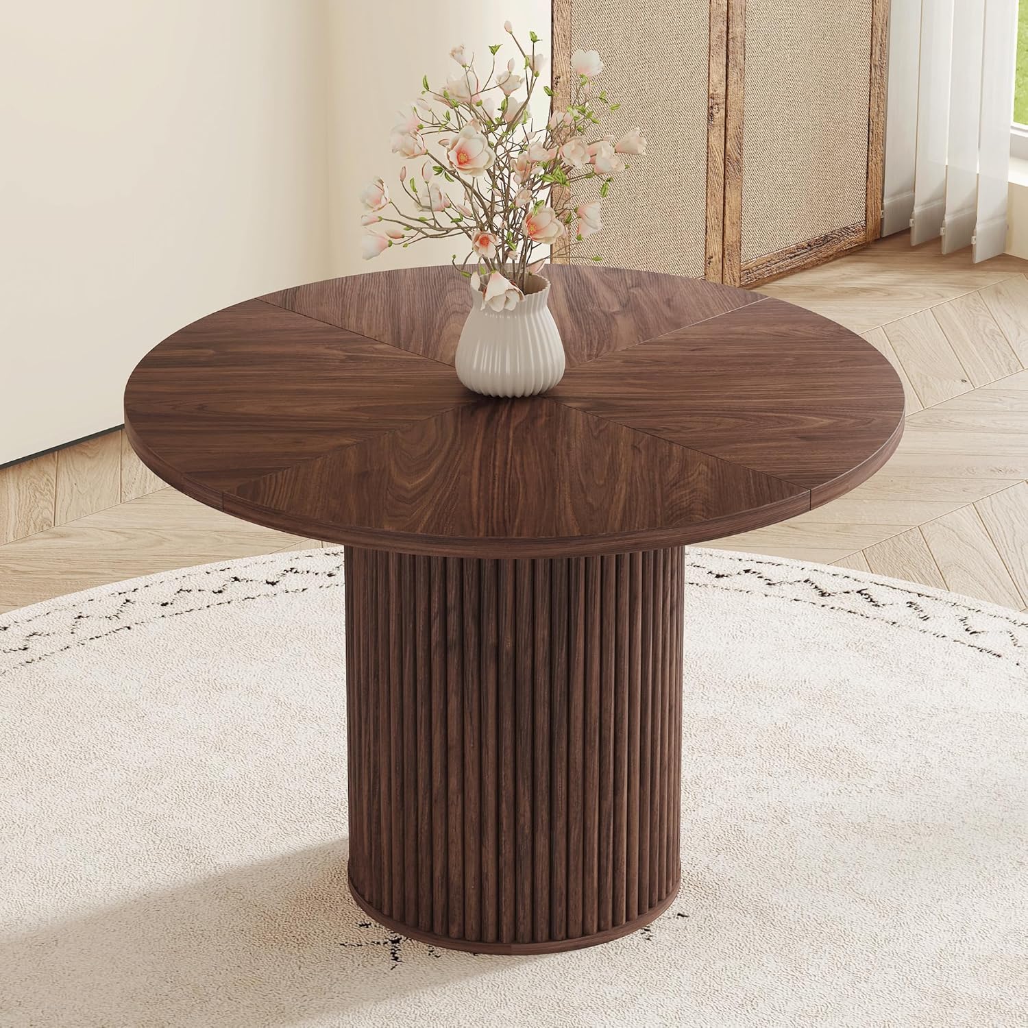 42'' Round Dining Table with Storage, Modern Round Dinner Table with Wood Tabletop and Cylindrical Base, Space Saving Circle Kitchen Table for Kitchen Dining Room