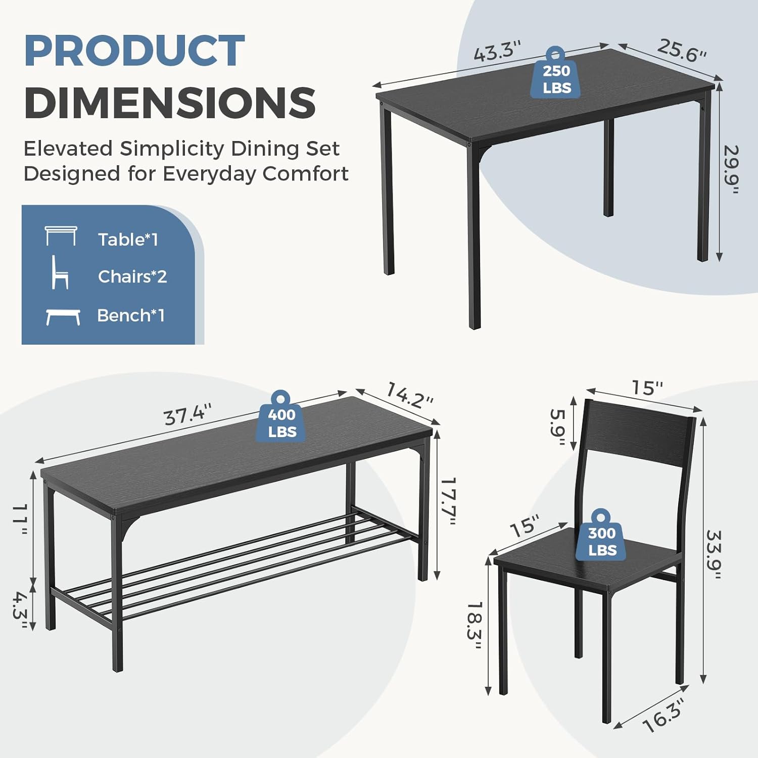DUMOS Dining Table Set, Dining Table for 4 with Bench, Kitchen Table, Space-Saving Ideal 4-Person Set for Dining Room Kitchen Apartment Corner Black 4 Pack