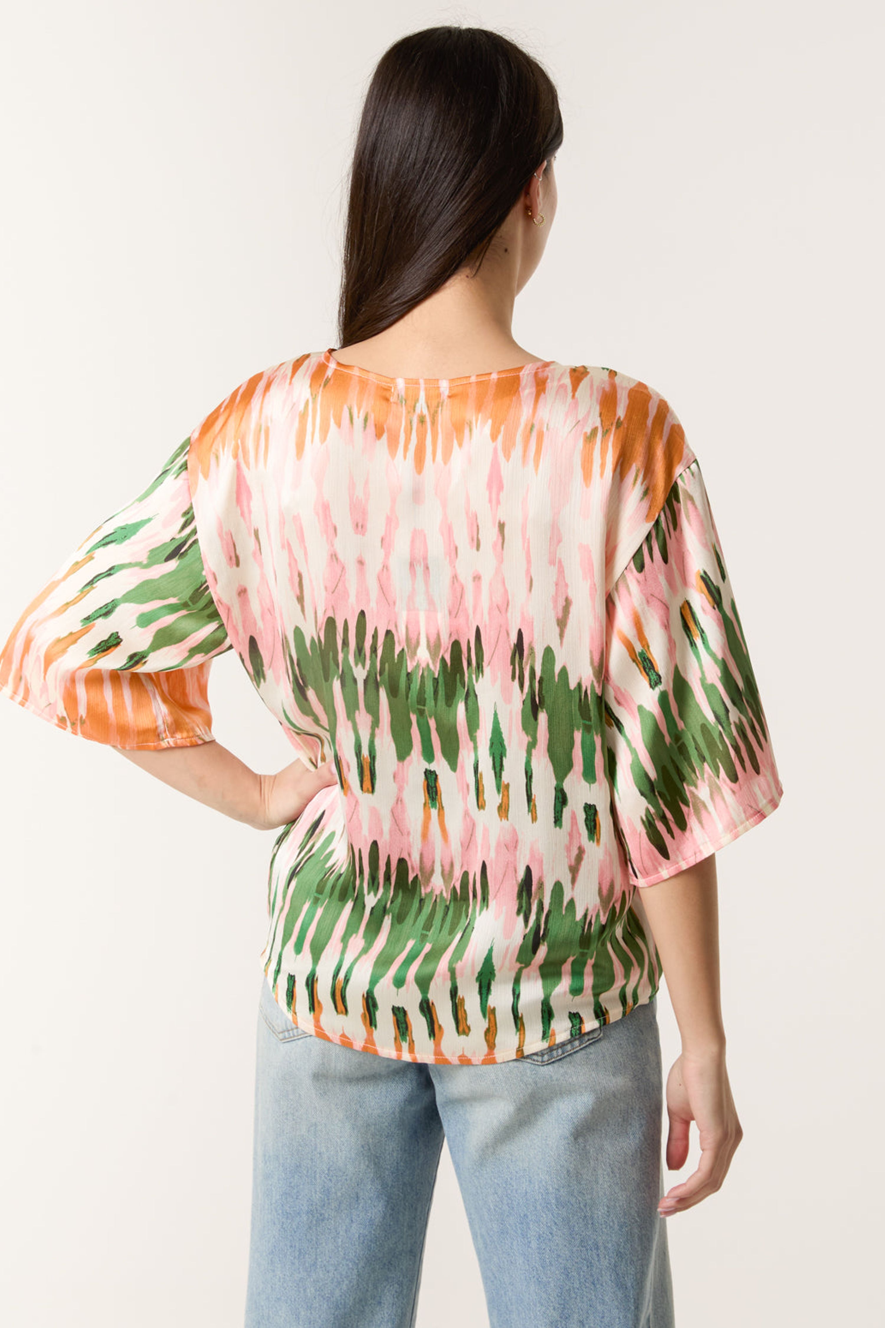 Blue Vanilla Multi Satin Tie Front Blouse