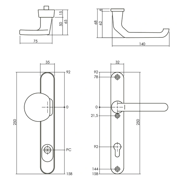 Schutzbeschlag, Kernziehschutz PZ 92 mm Schmall Griff/Drücker