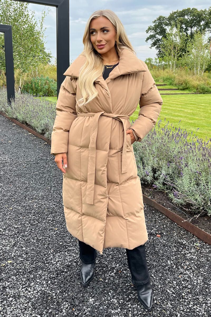 AX Paris Biscuit Tie Waist Quilted Longline Puffer Coat
