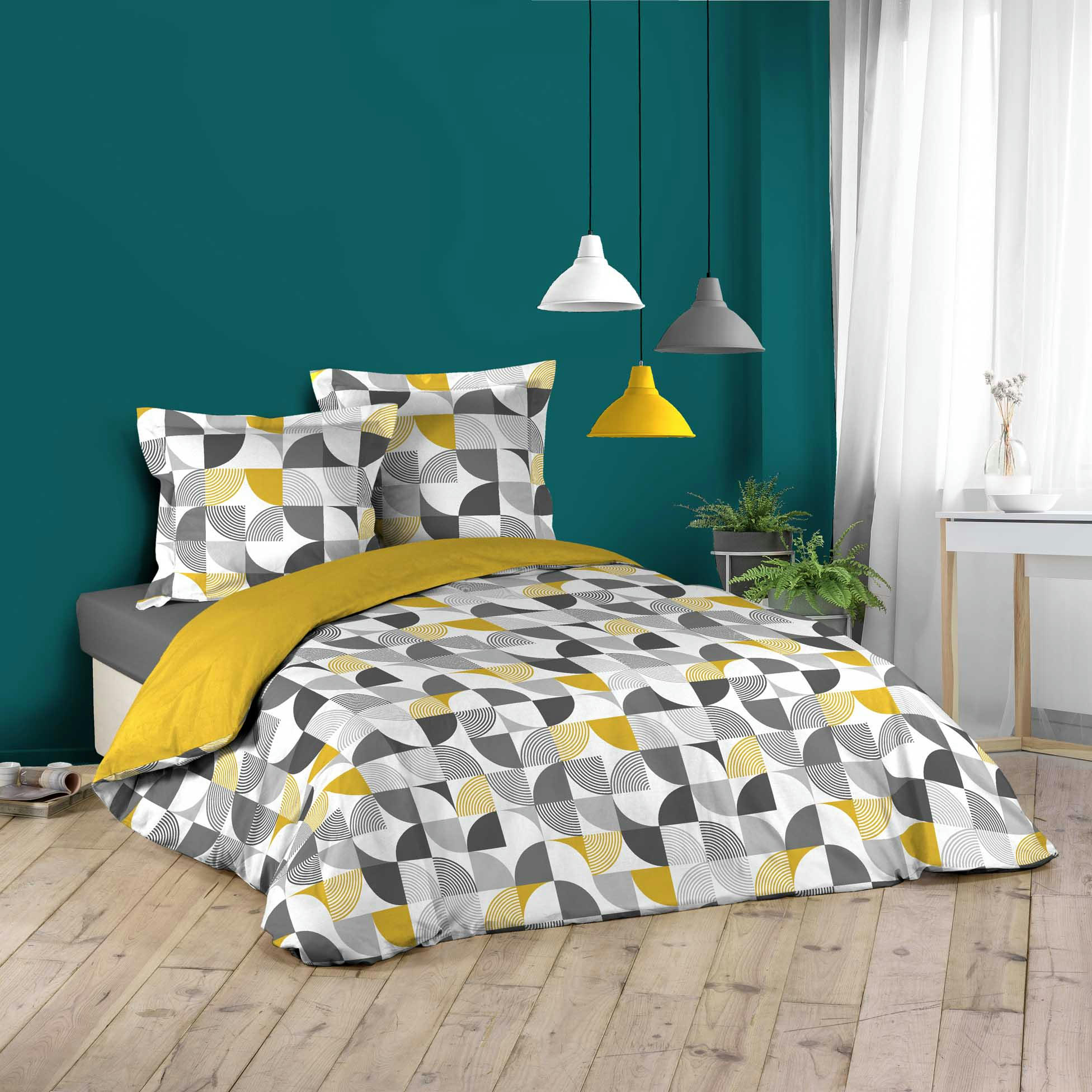 - Parure de lit esprit géométrique coton gris 240 x 260