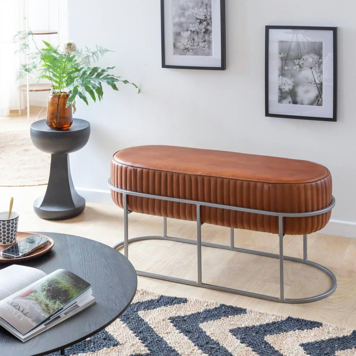 - Banc en cuir et croûte de cuir marron 95 cm