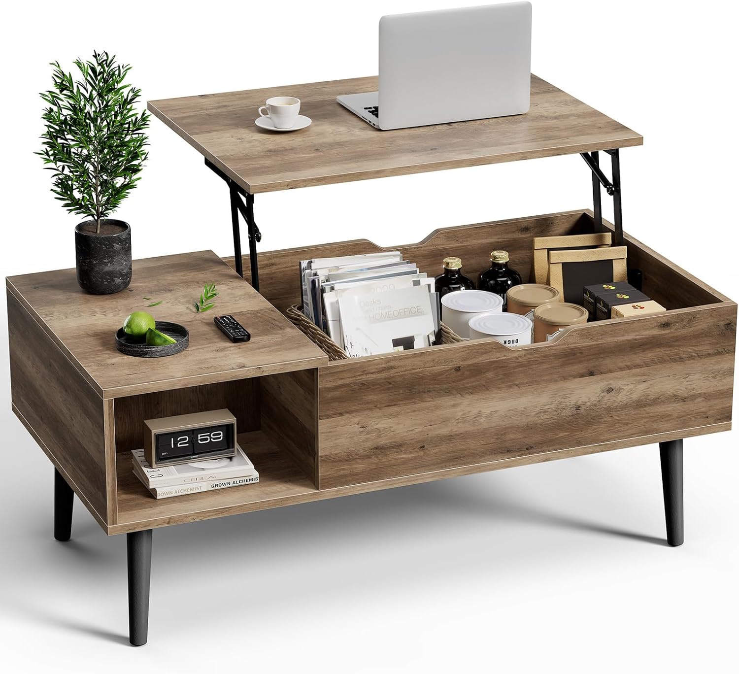 OLIXIS Wooden Coffee Table, Lift Top Coffee Table with Large Hidden Compartment and Ample Storage Shelf, Lift Tabletop Dining Table for Living Room, Home Small Space, Grey