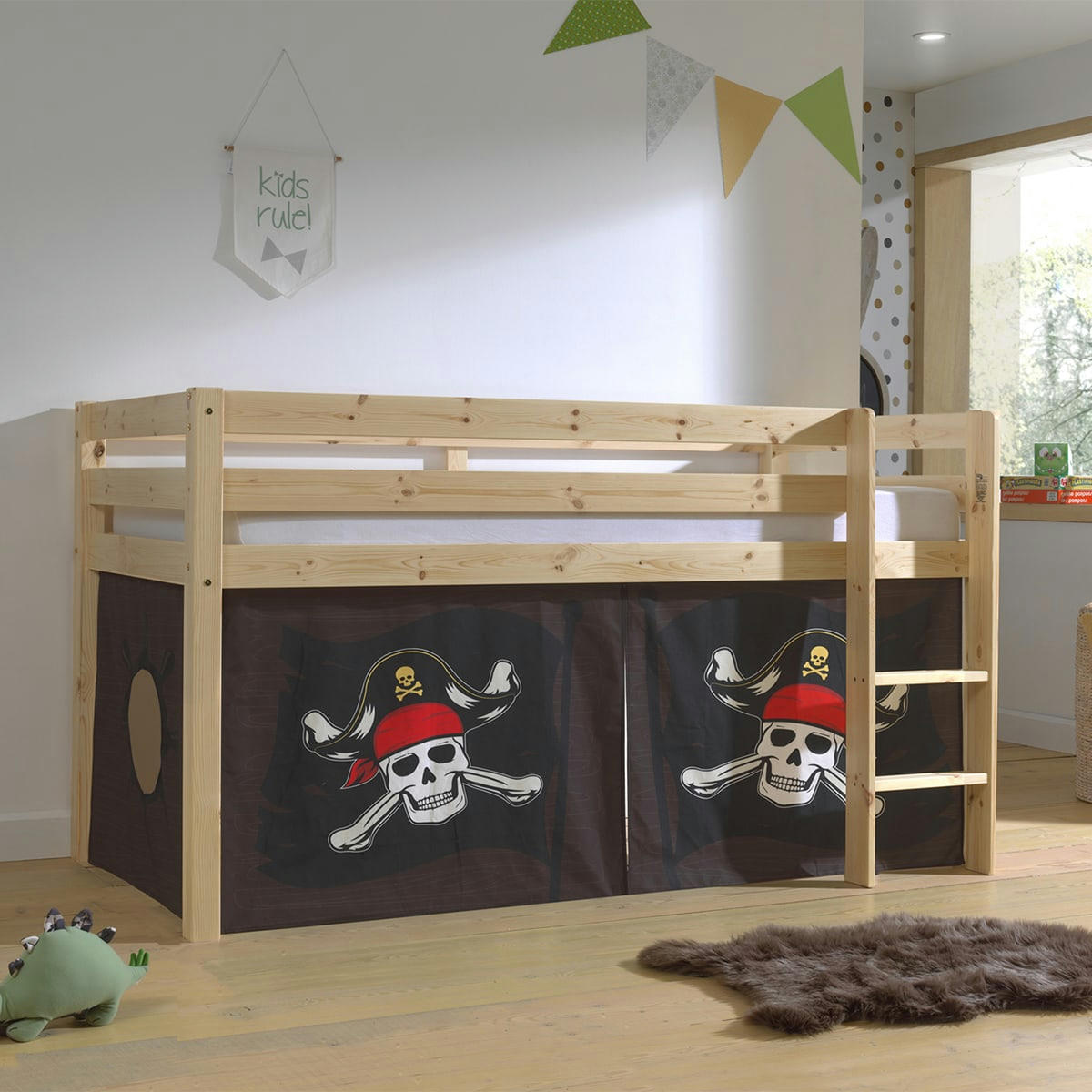 PINO - Lit mi-hauteur 90x200 sommier inclus housse pirate naturel
