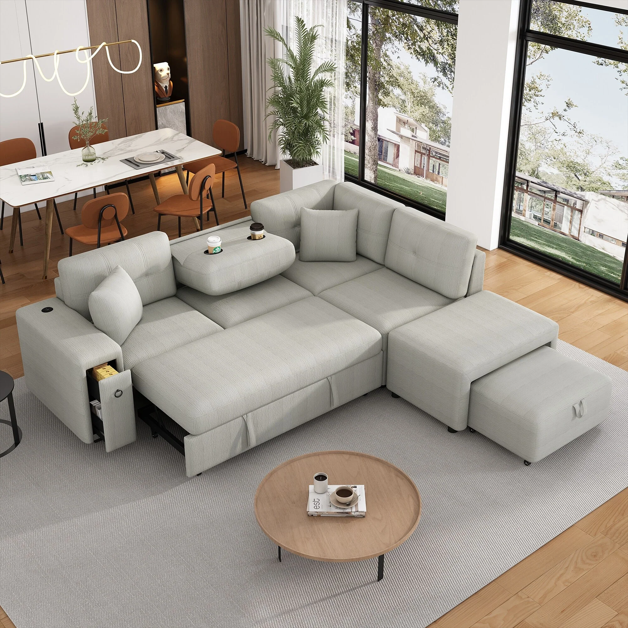 86.6 L-Shaped 4-Seat Sectional Sofa with Pull-Out Bed, Movable Ottoman, USB Ports, and Drop-Down Cup Holder Table