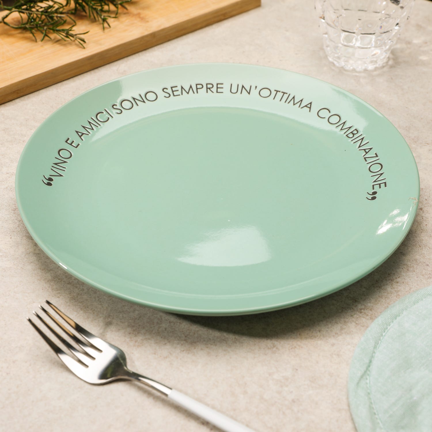 Piatto piano salvia con scritta 27 cm in stoneware