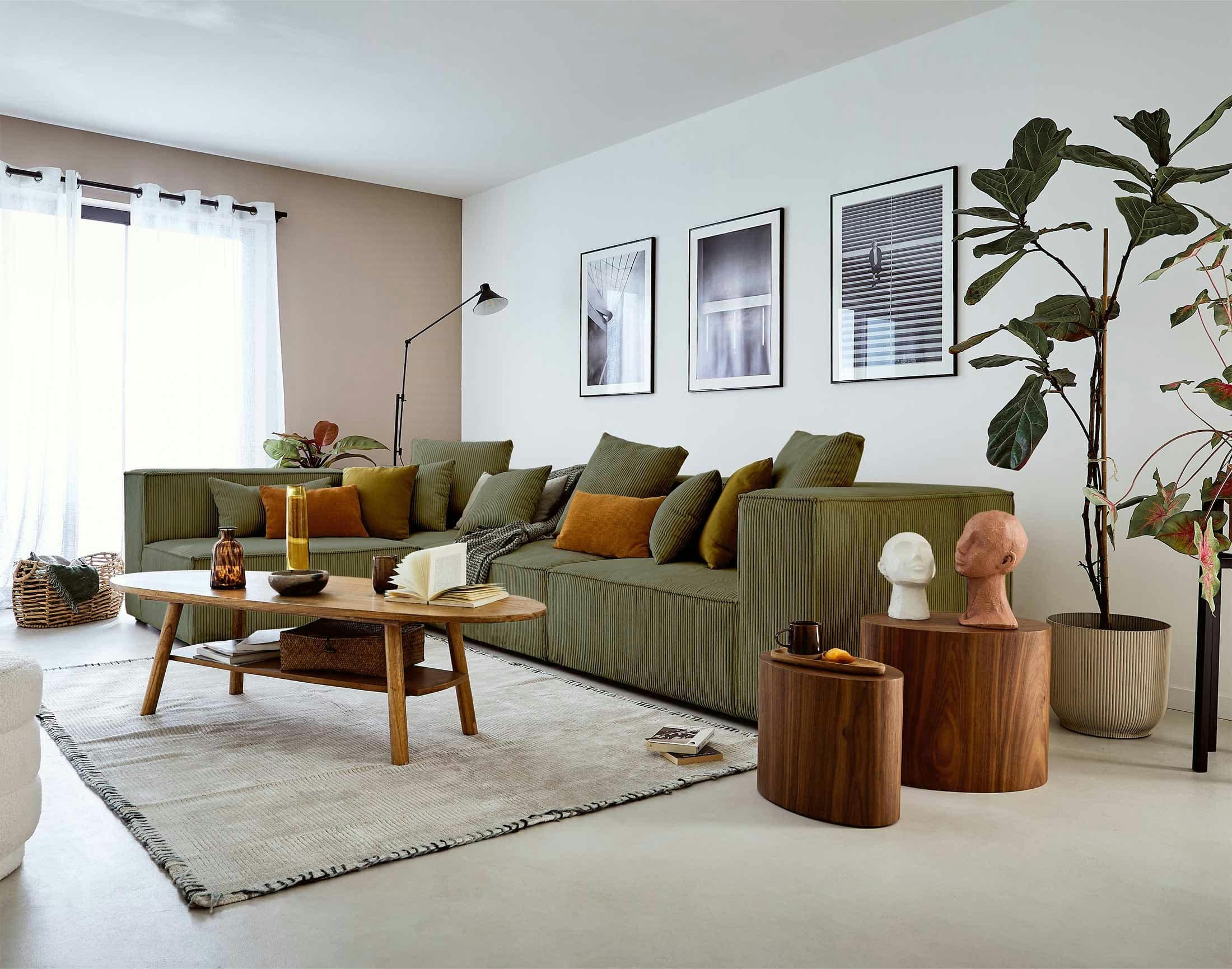 COLOMBINE - Canapé modulable 4 places angle gauche en velours côtelé vert