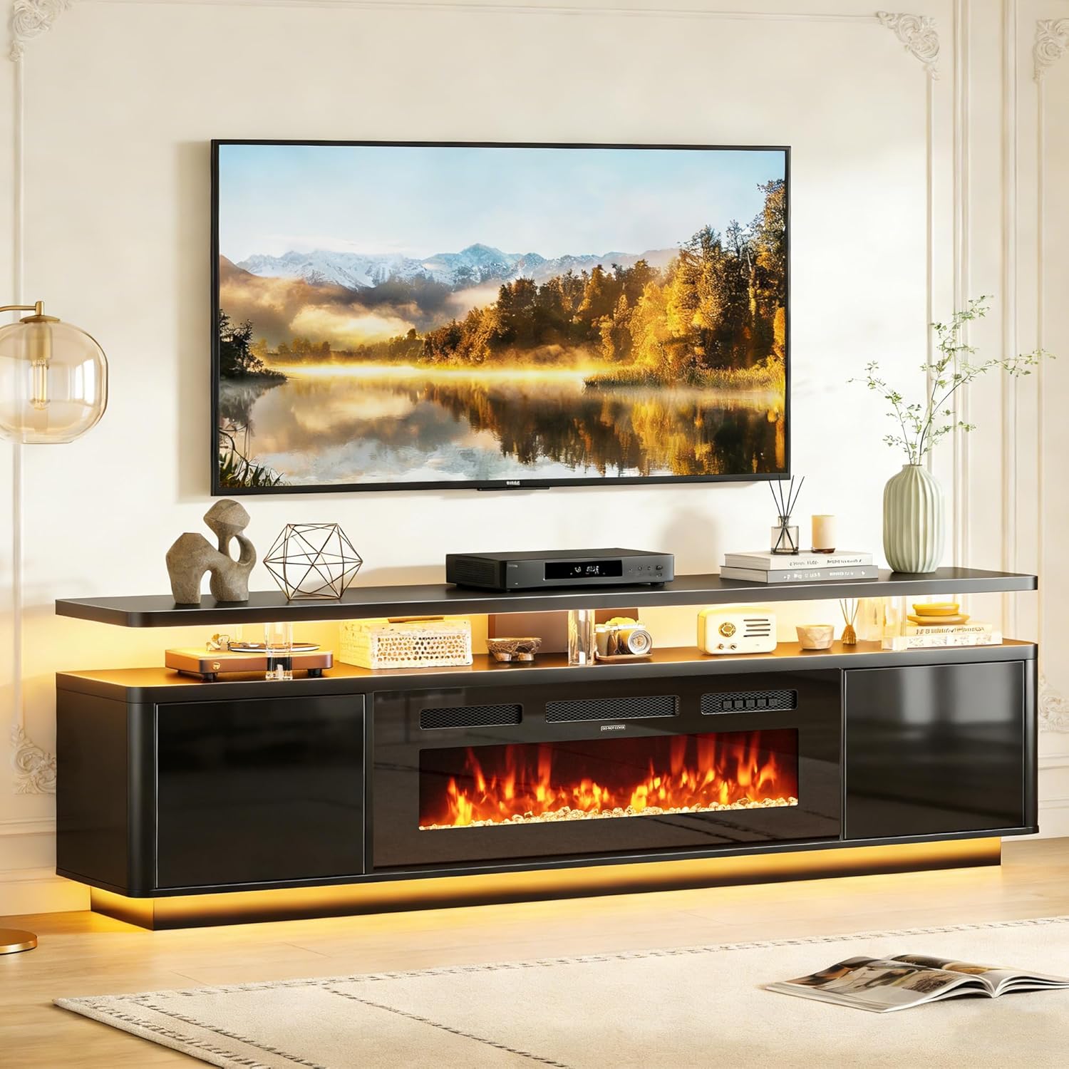 oneinmil 80 Fireplace TV Stand with Dual LED Lights, Fits Most TVs Up to 90, Electric Fireplace Entertainment Center with Storage Cabinets, Media Console for Living Room Office, Black