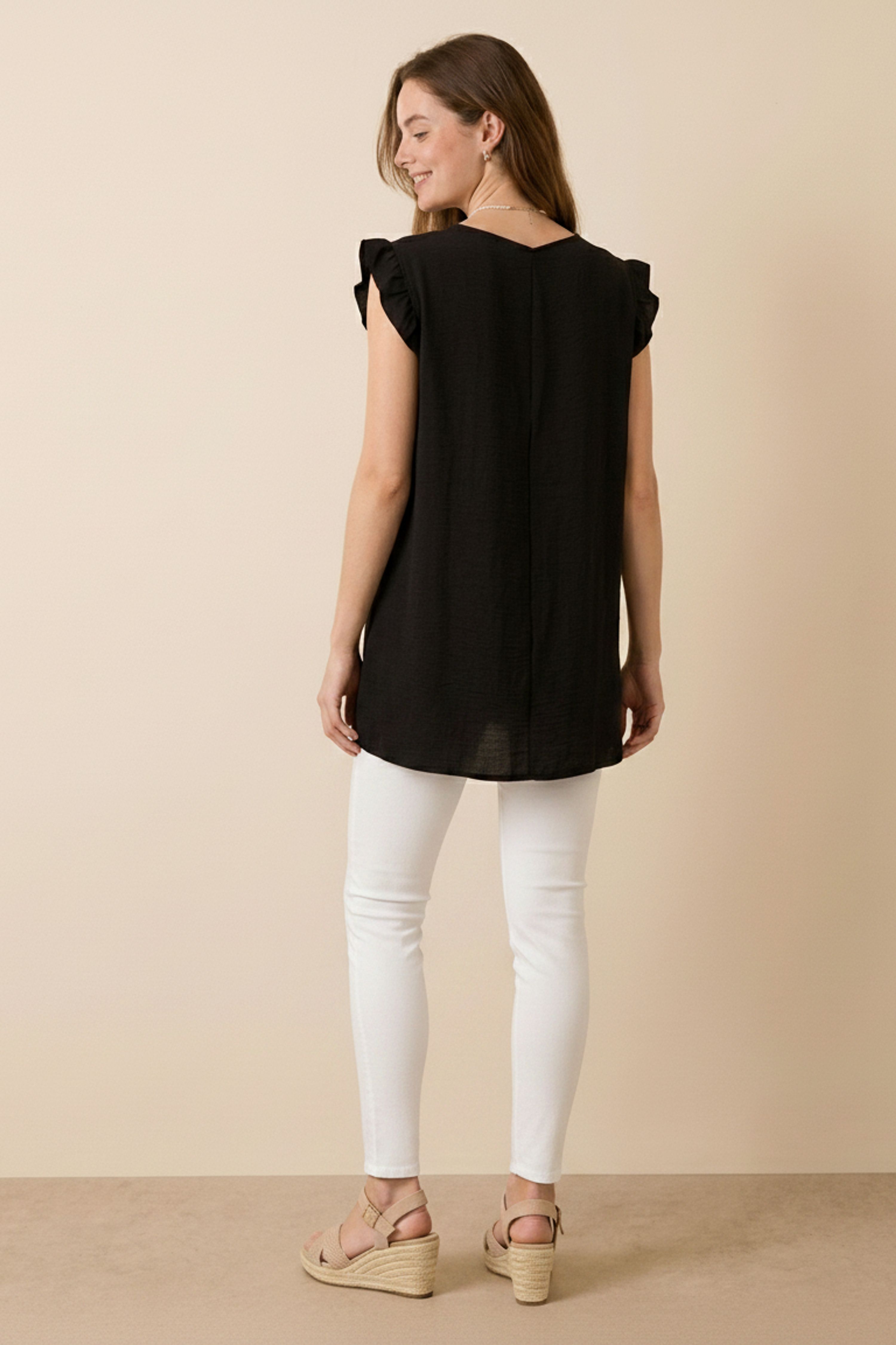 Blue Vanilla Black Gold Button Detail Frill Top