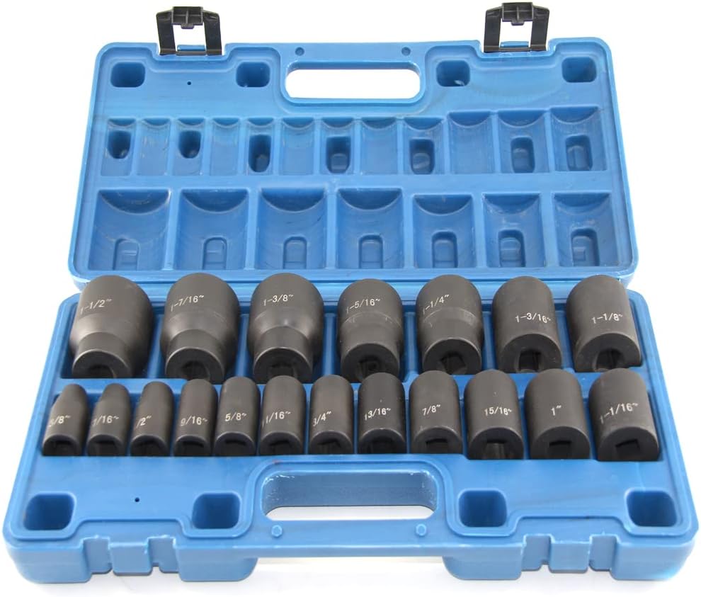 MacWork 19 Piece 1/2-Inch Drive Standard/Shallow Impact Socket Set, SAE, 3/8 to 1-1/2, CR-V&Cr-Mo Alloy Steel, 6-point Hex Radius Corner Design