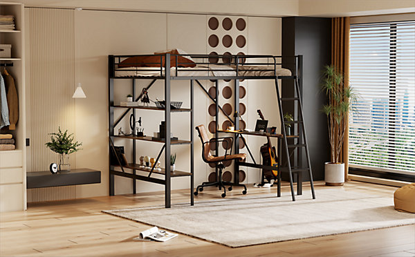 Lit mezzanine métal 90x200cm avec bureau et 3 étagères, lit enfant ado adulte, noir