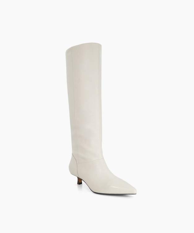 Sloan Ecru - Leather Pointed Knee High Kitten Heel Boots