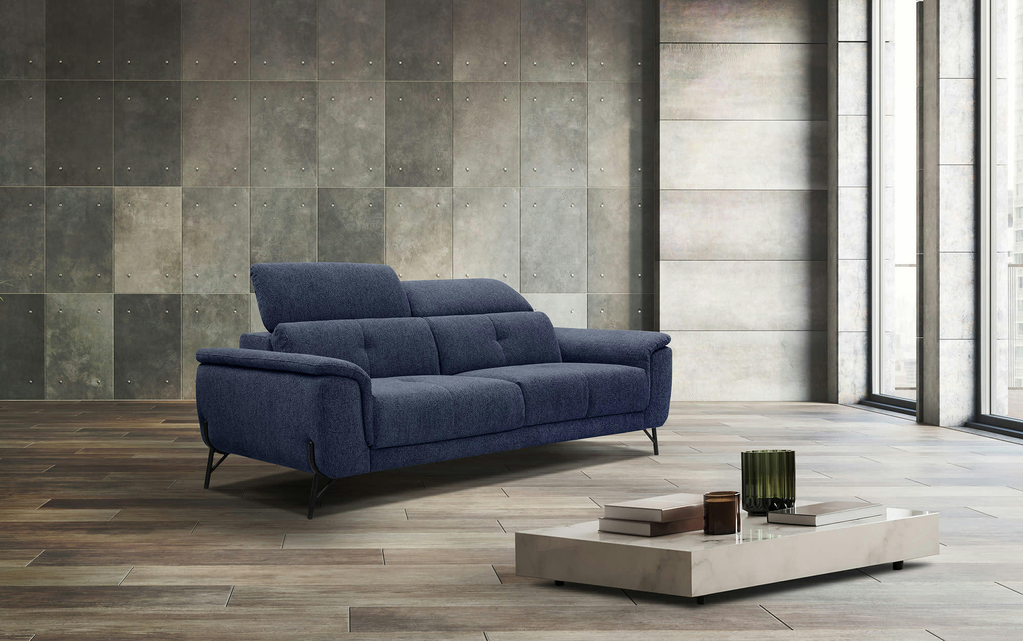 AVENA - Canapé droit 3 places XXL tissu bleu foncé