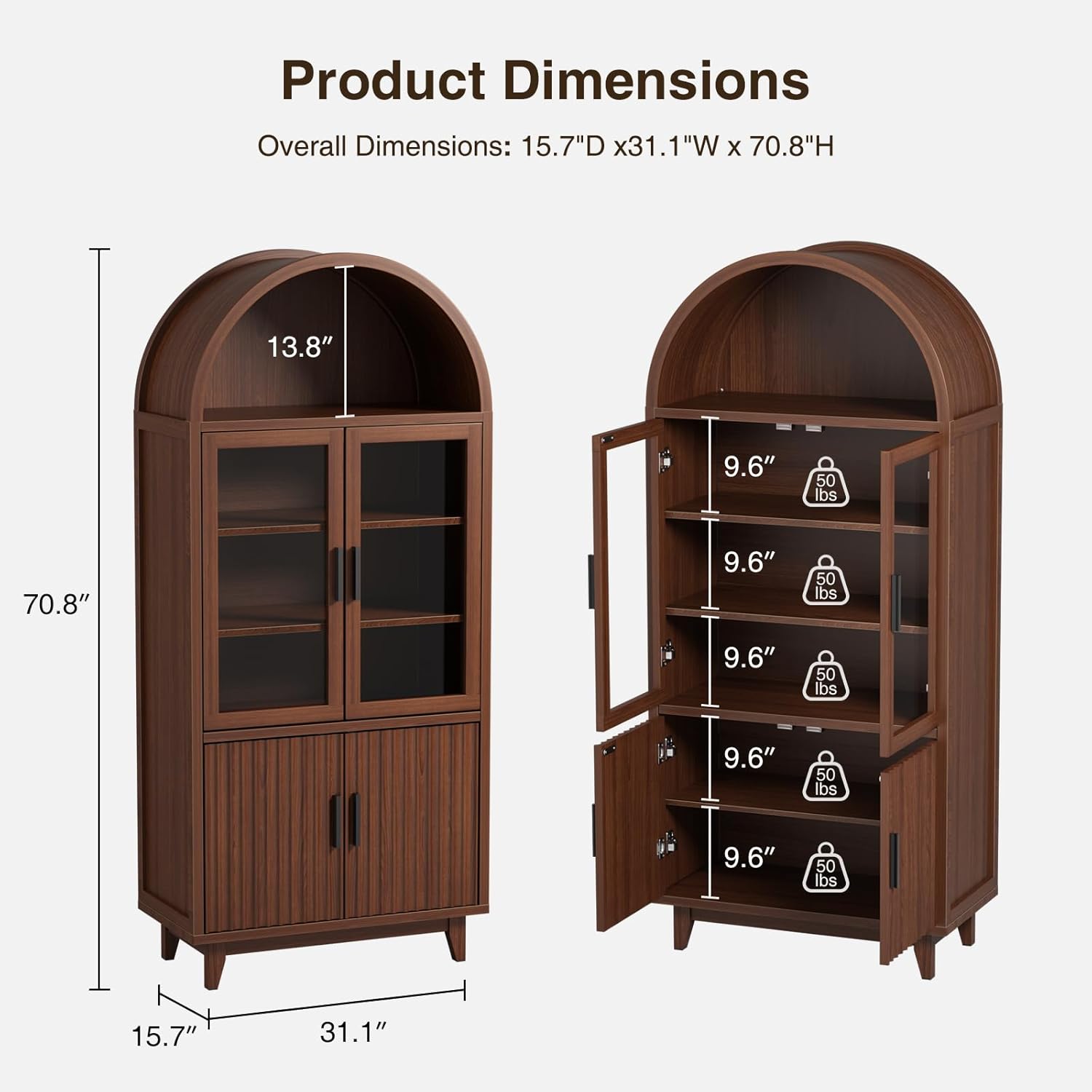 FiveWillowise 71 Tall Arched Cabinet with Glass Doors, Fluted Pantry Cabinet with Solid Wood Legs, Modern Accent Furniture for Living Room, Kitchen, Dining Room, Entryway, Walnut