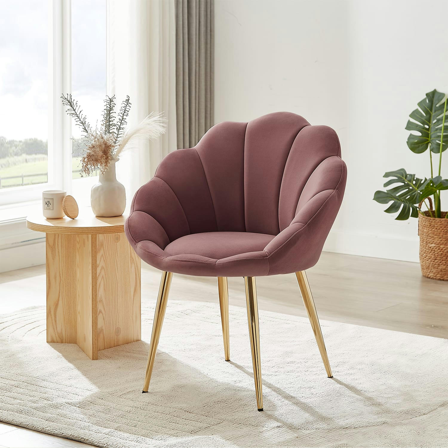 CORAIL - Fauteuil  velours rose avec piétement doré